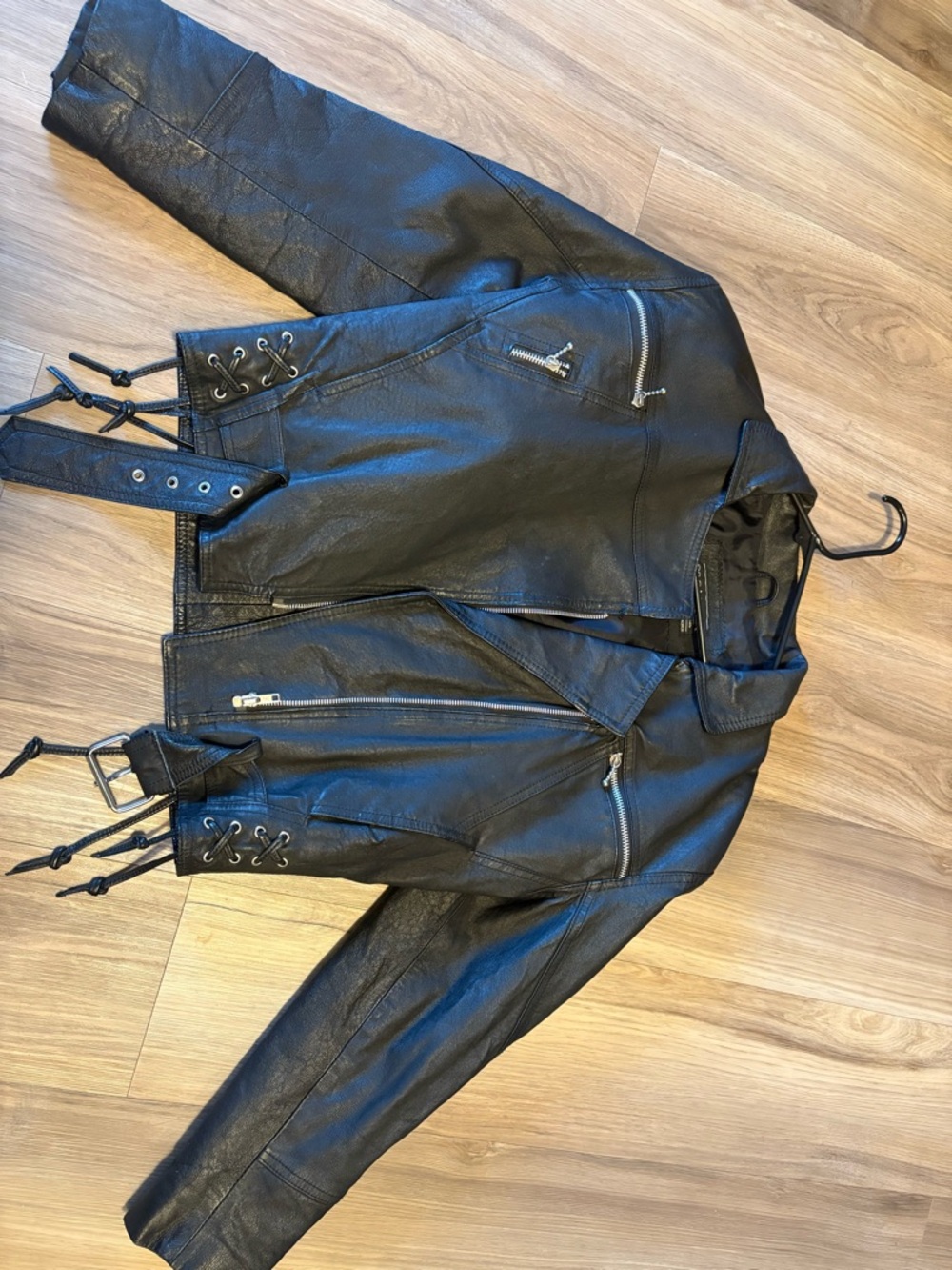 Vintage Cropped Black Leather Moto Jacket with Lace-Up Details
